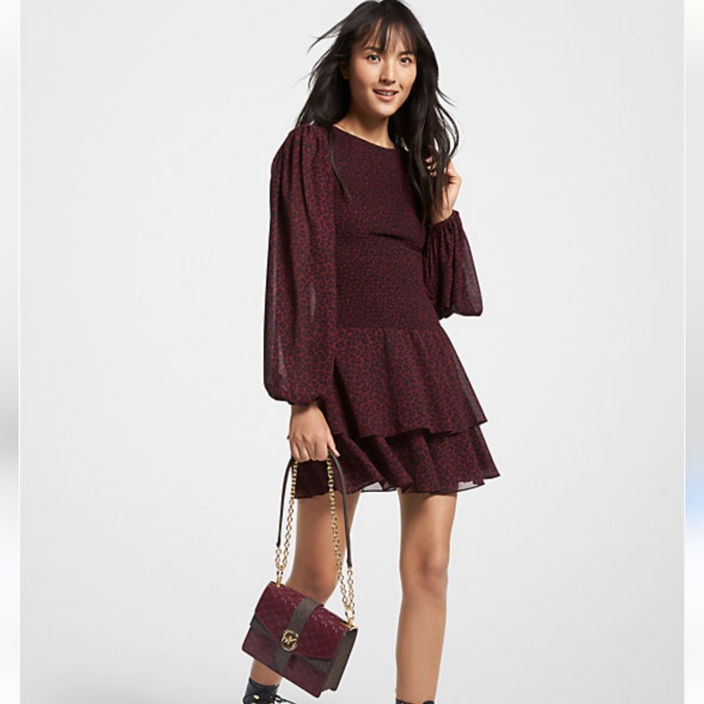 MICHAEL KORS Burgundy Patterned Dress with Chain Strap Bag